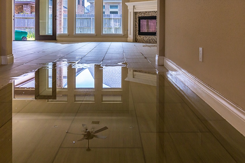 Flooded living room with standing water reflecting windows and fireplace