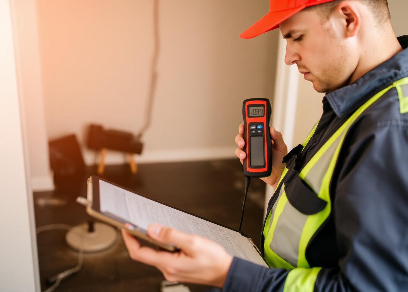 Technician documenting damage with a moisture meter and clipboard for the insurance claim