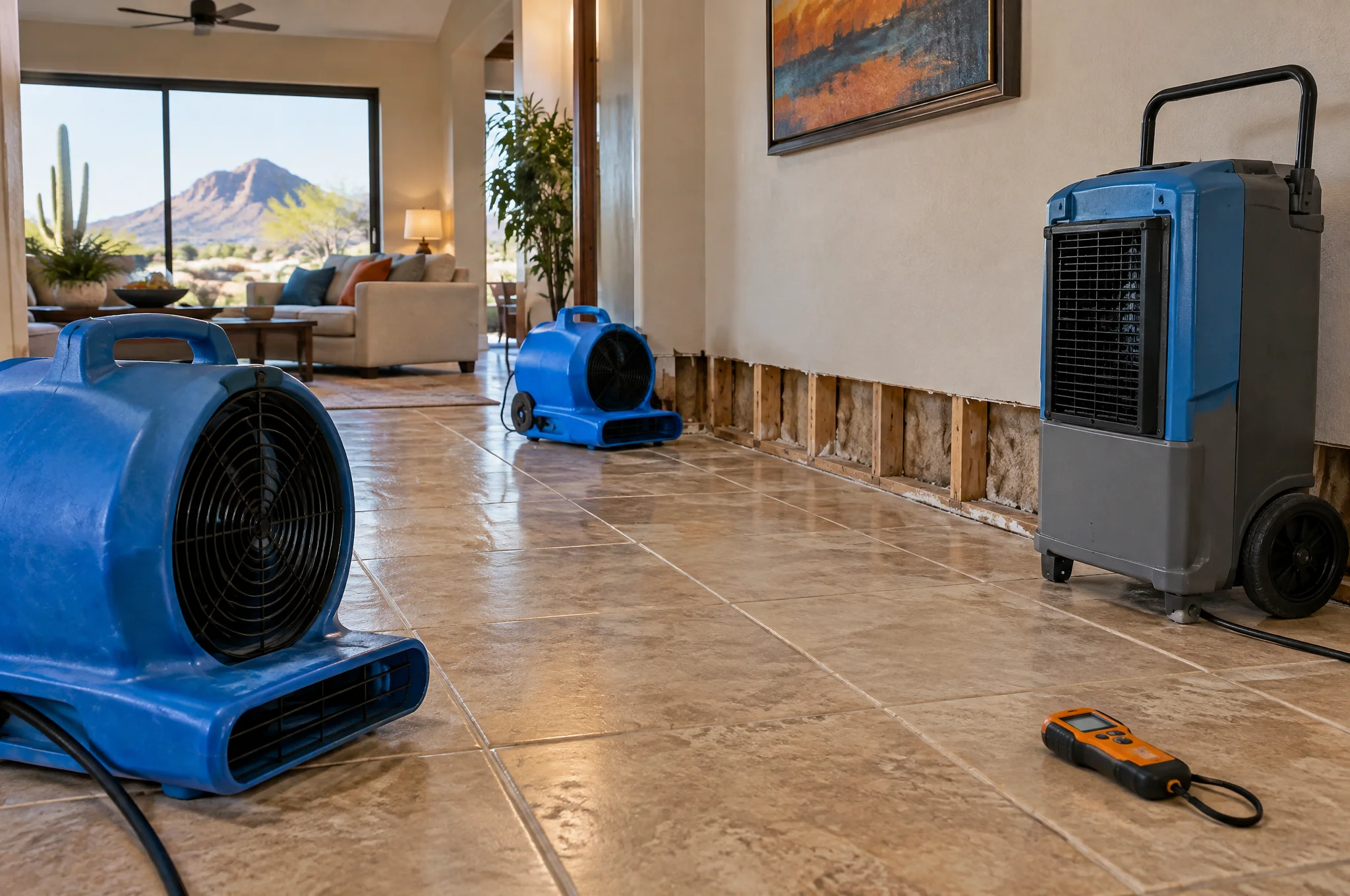 Air movers and a dehumidifier drying a wet tile floor in a Phoenix Valley home