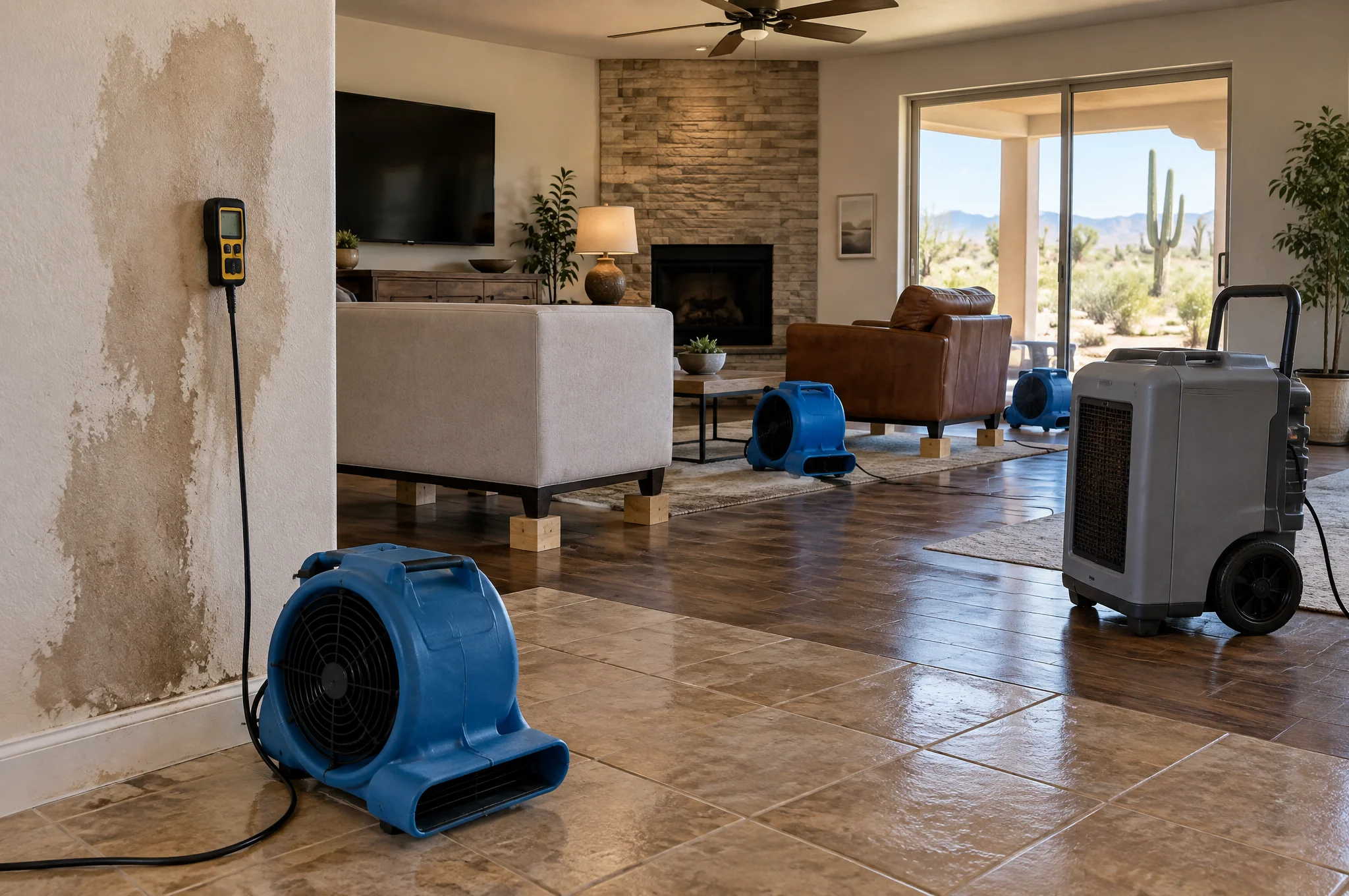 Air movers and a dehumidifier drying wet drywall and tile floors in a Valley home