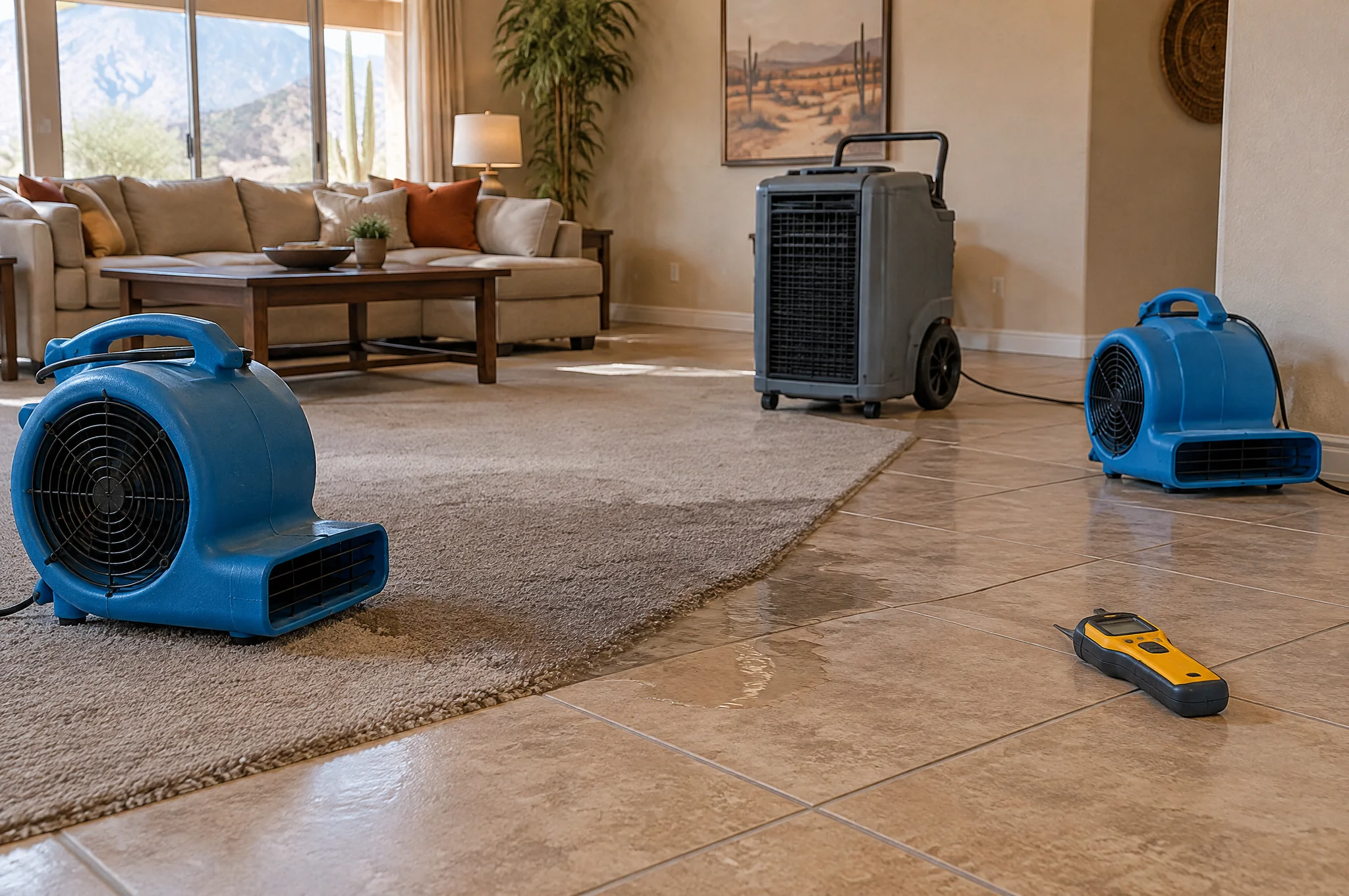 Air movers and a dehumidifier drying a tile and carpet room in a Phoenix Valley home