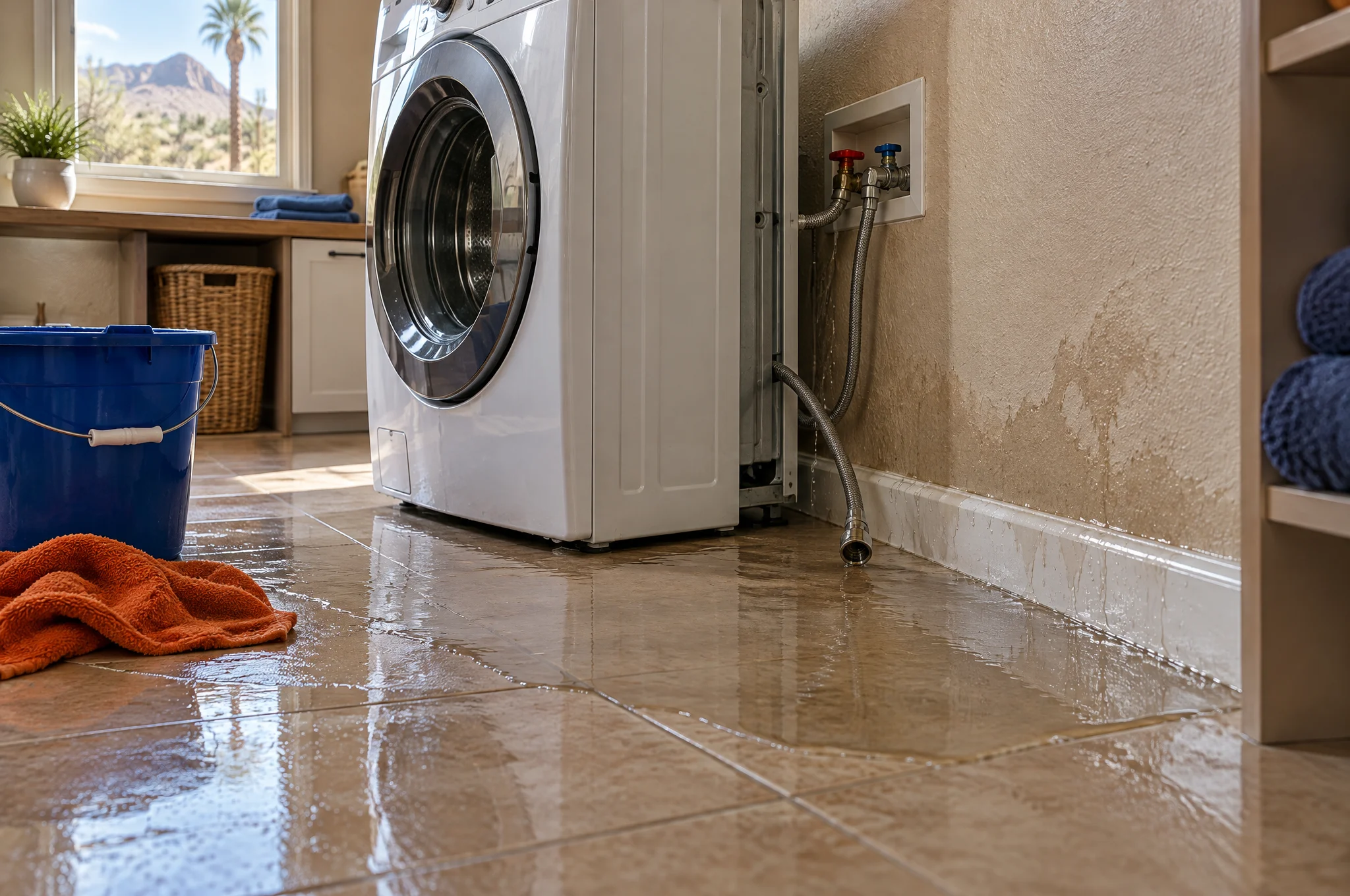 Washing machine leaking water on floor of a Phoenix Valley laundry room with wet tile and baseboards