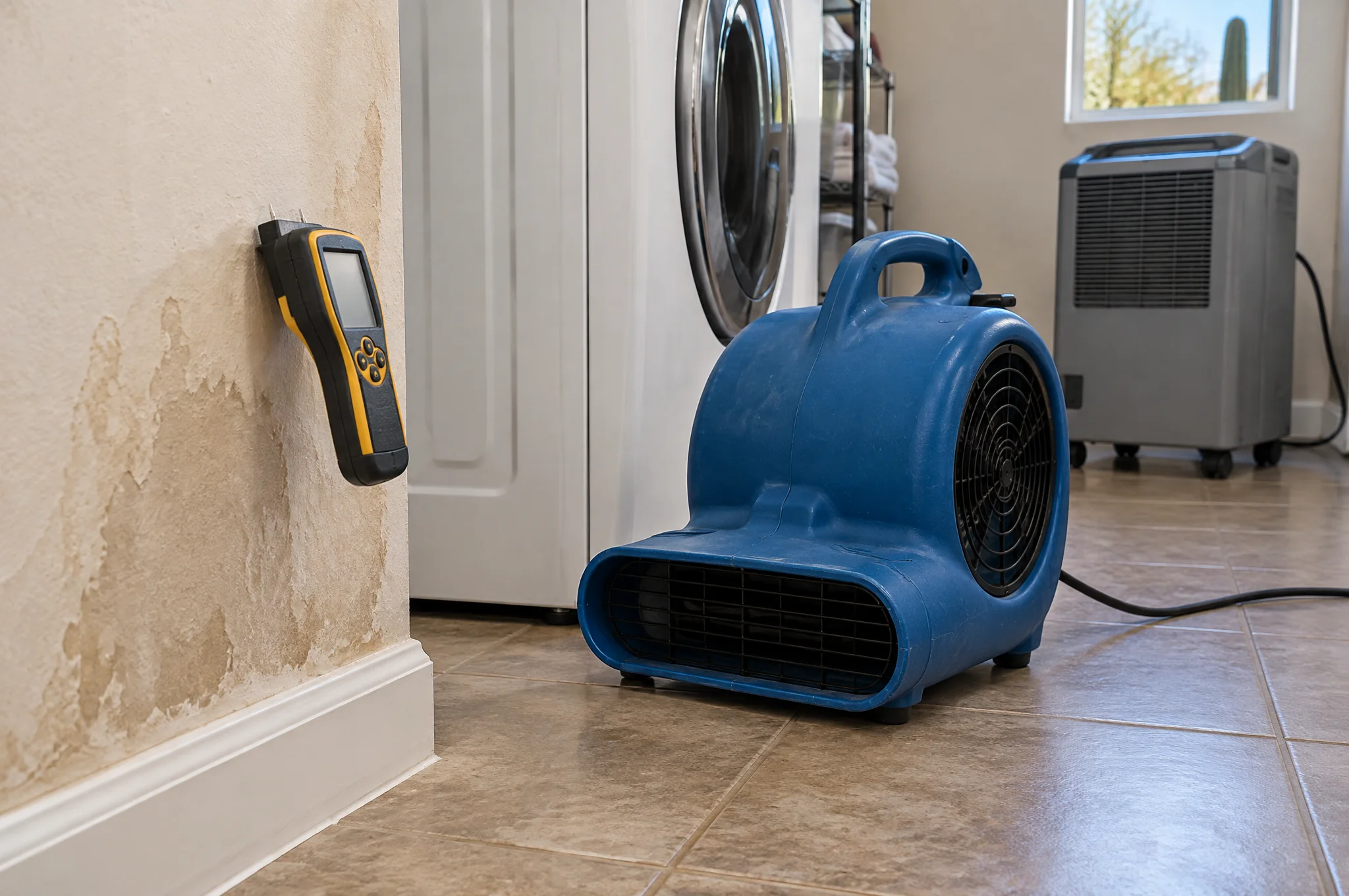 Air mover and moisture meter checking a wet laundry room wall near a washing machine